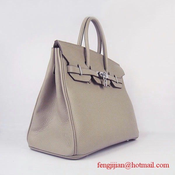 Hermes 35cm Embossed Veins Leather Bag Grey 6089 Silver Hardware